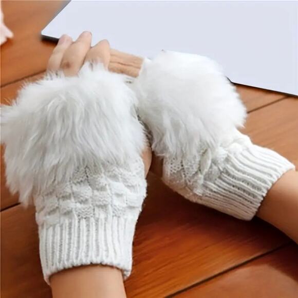 Plush Warm Ribbed Knitted Fingerless Gloves - White - Picture 1 of 4